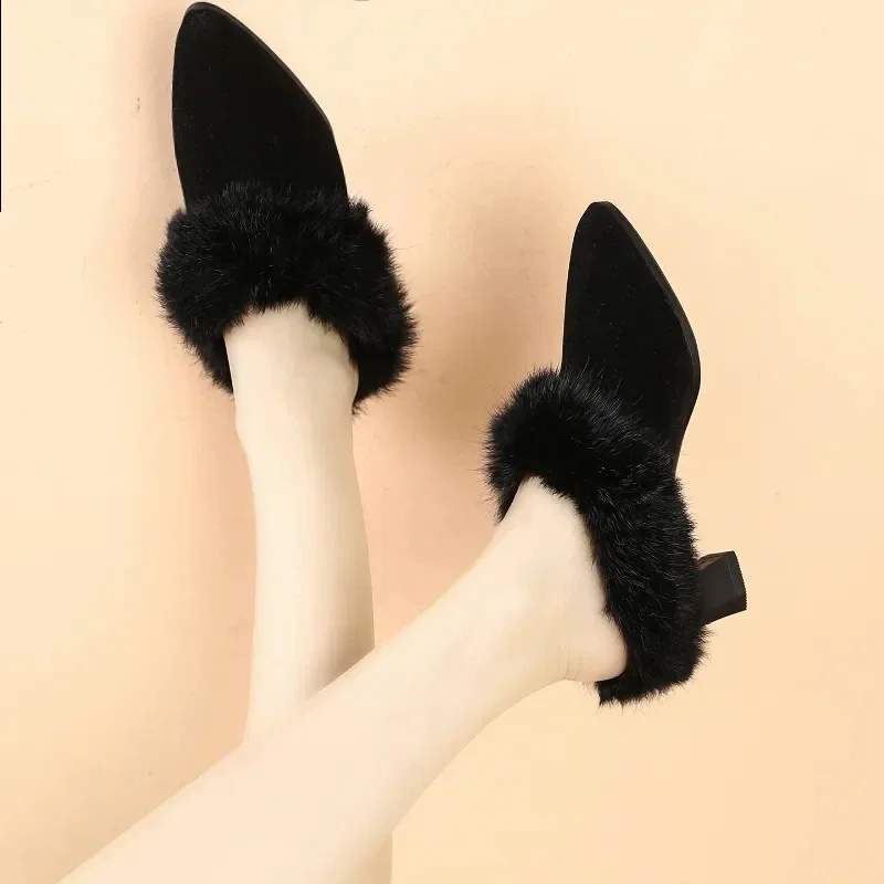 New Winter Woolen Close Toe Slippers Women Sexy Mules New Fashion Pointed Thick Heels Lazy Half Slippers Female Warm Shoes Black