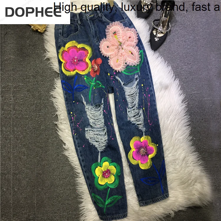 Mesh 3d Patch Flowers Beading Embroidery Streetwear Women Jeans 2023 New Summer Elastic Waist Straight Hole Denim Beggar Pants