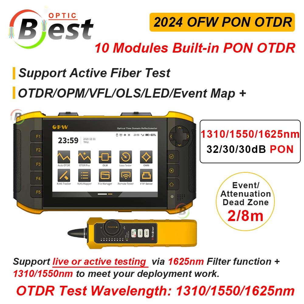 OFW OTDR 3 Test Wavelengths PON OTDR 1310/1550/1625nm 32/30/30dB Fiber Optical Reflectometer Touch Screen iOLA OPM VFL Event Map