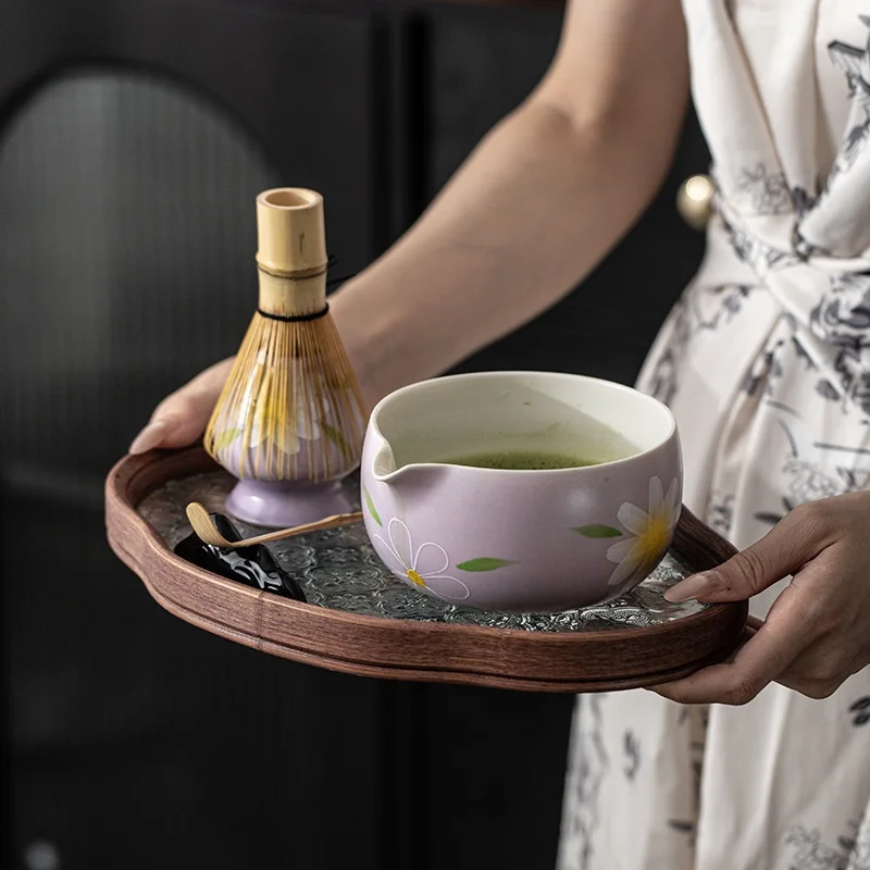 1PC/4PCS/7PCS Hand Drawn Daisy Flower Ceramic Matcha Bowl Macha Tea Whisk Chawan Chasen Holder Scoop Sifter Cup Tea Ceremony