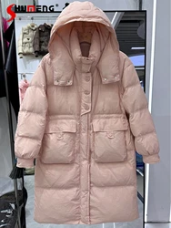 2024 Autumn Winter New Down Jacket Women's Medium Length Over The Knee Hooded Thickened Three-button Warm White Duck Down Jacket