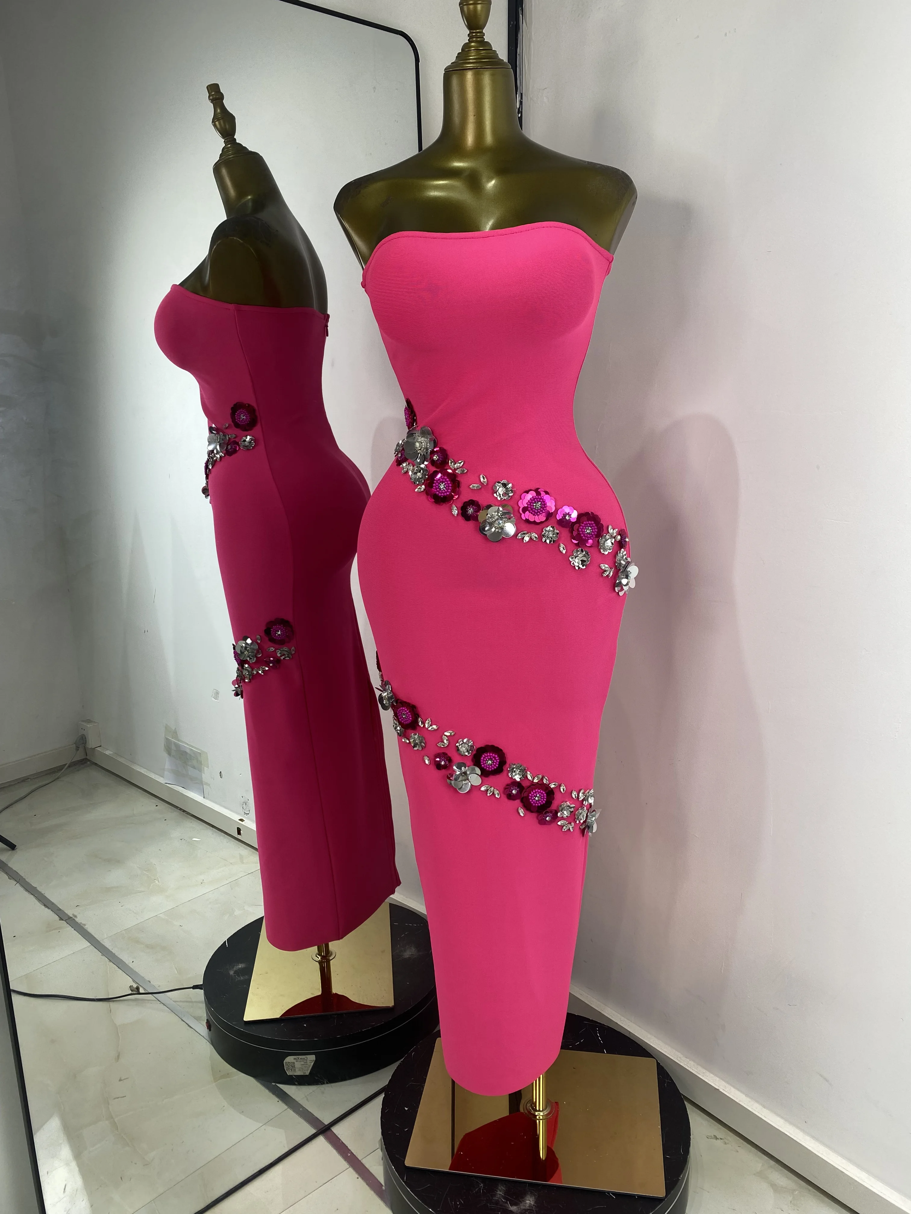 Women New Design Bandage Dress Hot Pin Straples Rhinestones Sequines Flower Long Birthday Celebrity Evening Club Party Dresses