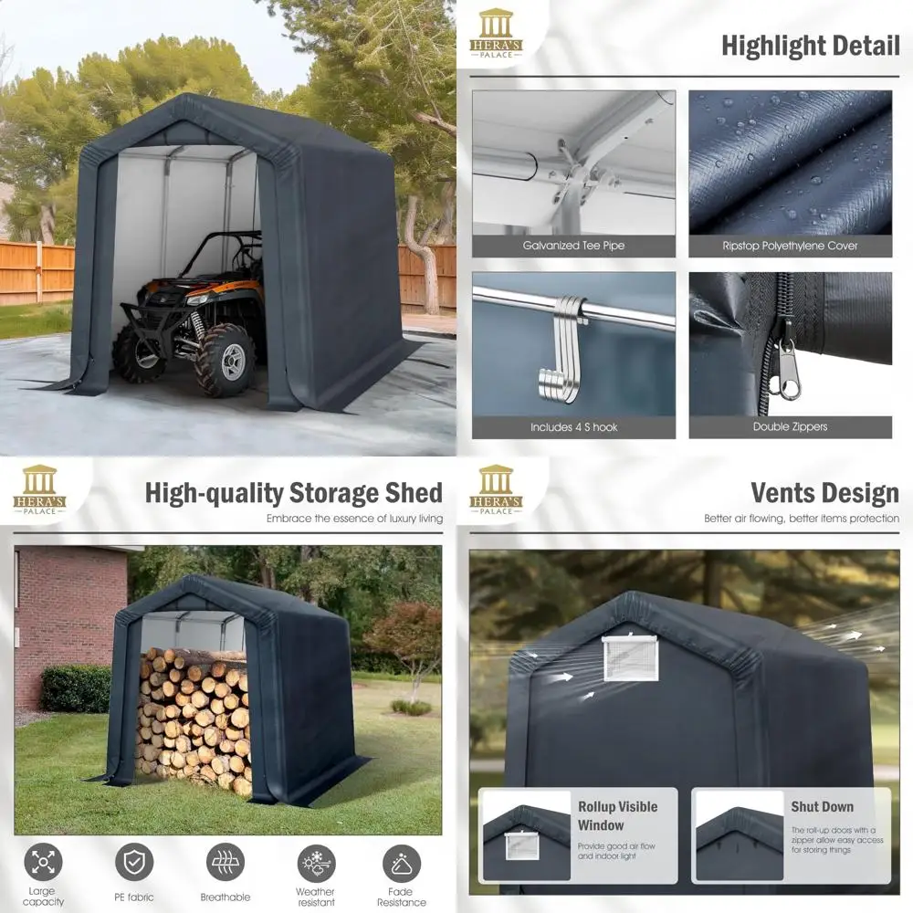 

"Heavy-Duty 6x10ft Outdoor Storage Shed with UV Protection and Two Zippered Doors for Car Cover or Garage"