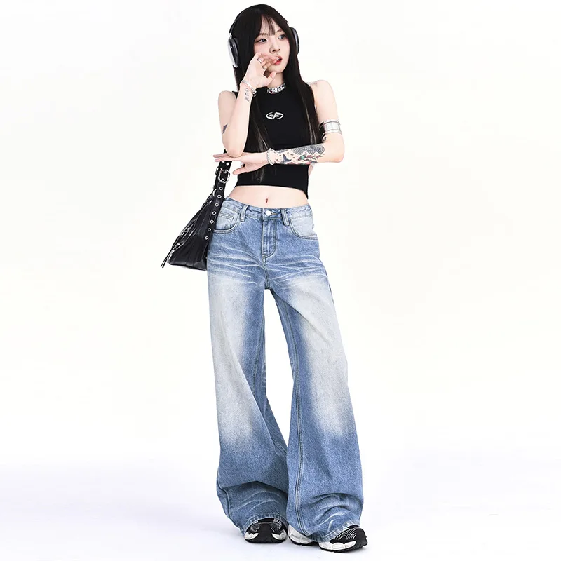 American Style Spicy Girl Crease Distressed Washed Denim Jeans Summer Floor Length Slimming Loose Straight Leg Wide Leg Pants