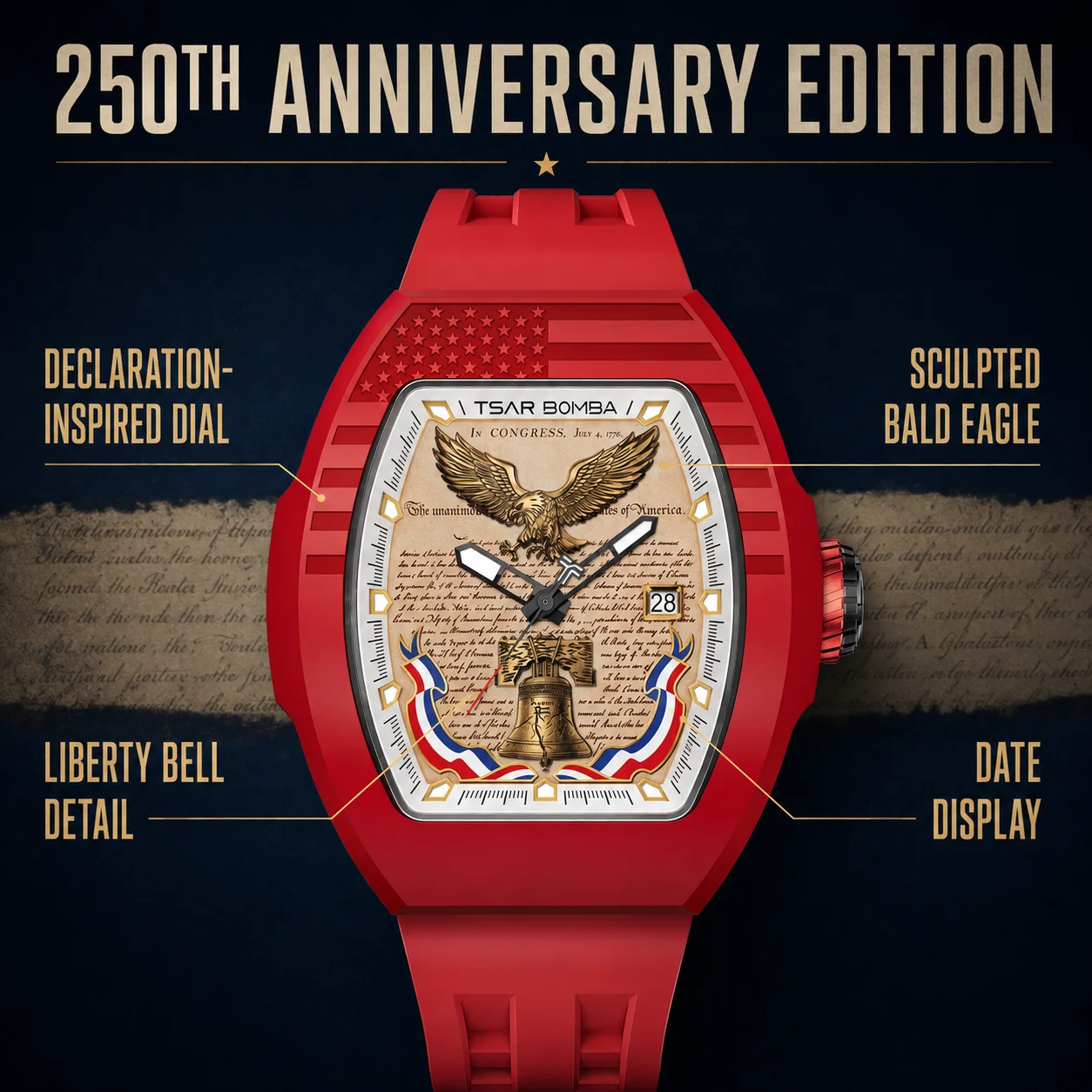 TSAR BOMBA TB8218U Men's Luxury Automatic Watch 250th Anniversary Limited Edition Sapphire 5ATM Miyota Date Fluororubber Strap