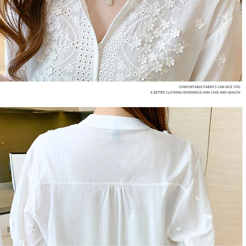 New Short Sleeve Blouse Women 2024 V-neck Women\'s Clothing Fashion Summer Tops Woman Embroidery Cotton White Shirts Blusas 14204