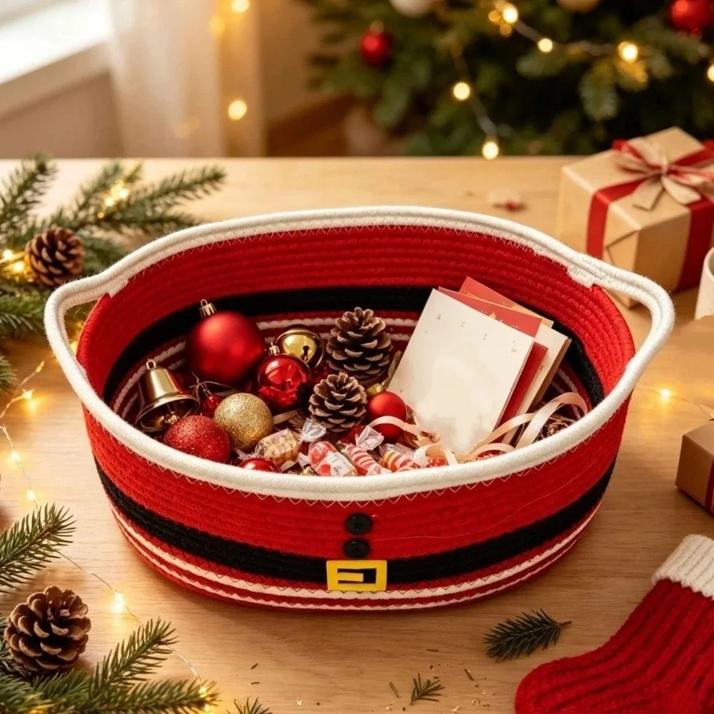 Cotton Rope Christmas Woven Storage Basket Santa Claus Braided Christmas Gift Basket Ribbon Trim Cotton Rope Basket