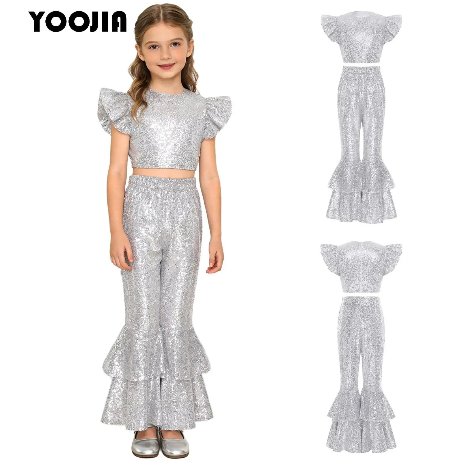 

Shiny Sequin Pageants Costume Set for Kids Girls Fly Sleeve Crop Top And Bell Bottom Flare Pants Xmas Birthday Jazz Dance Suit