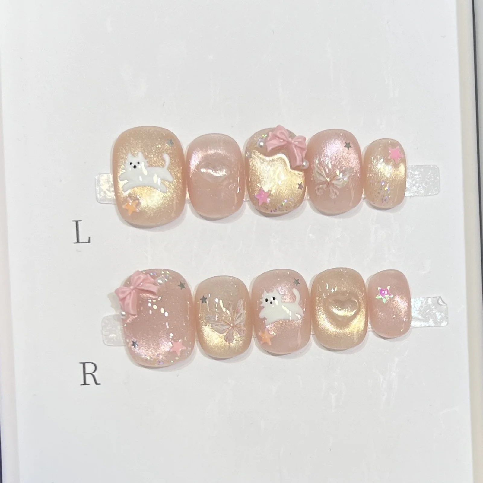 

10 шт. короткие круглые накладные ногти глянцевые кошачьи глаза ручной работы пресс на ногтях звезда/бабочка/бантик/кошачий дизайн Y2K накладные ногти для девочек