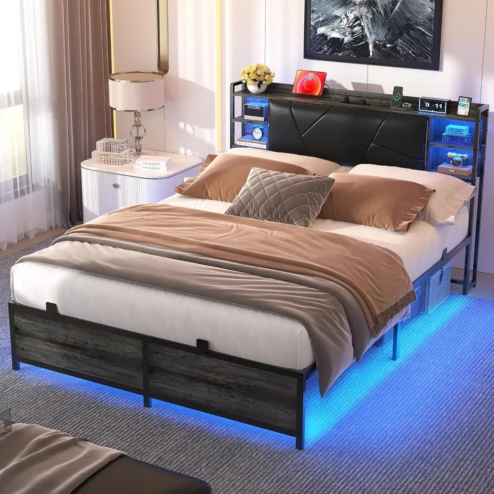 Bed Frame Queen Size  Charging Station and Cool LED Lights, Sturdy Platform Bed Upholstered Storage Headboard, Slats, Noise Free