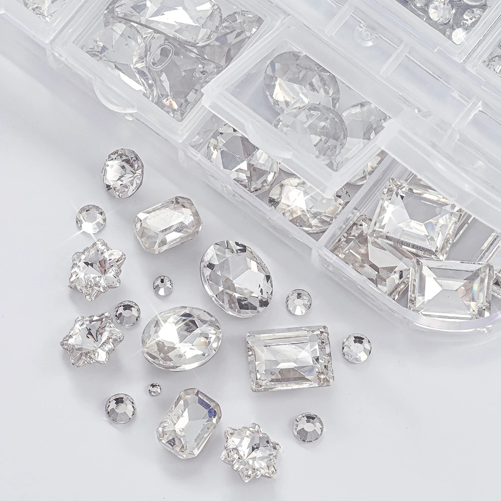 K9 branco irregular coração/retangular prego strass misturado luxo glitter vidro semicírculo diamante encantos do prego diy decoração de cristal