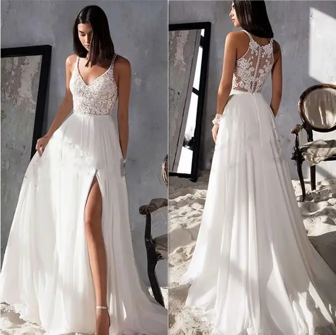 

Simple V-Neck Front High Split Wedding Dresses For Women Custom Made 2022 Lace Appliques Chiffon Spaghetti Straps Bridal Gown