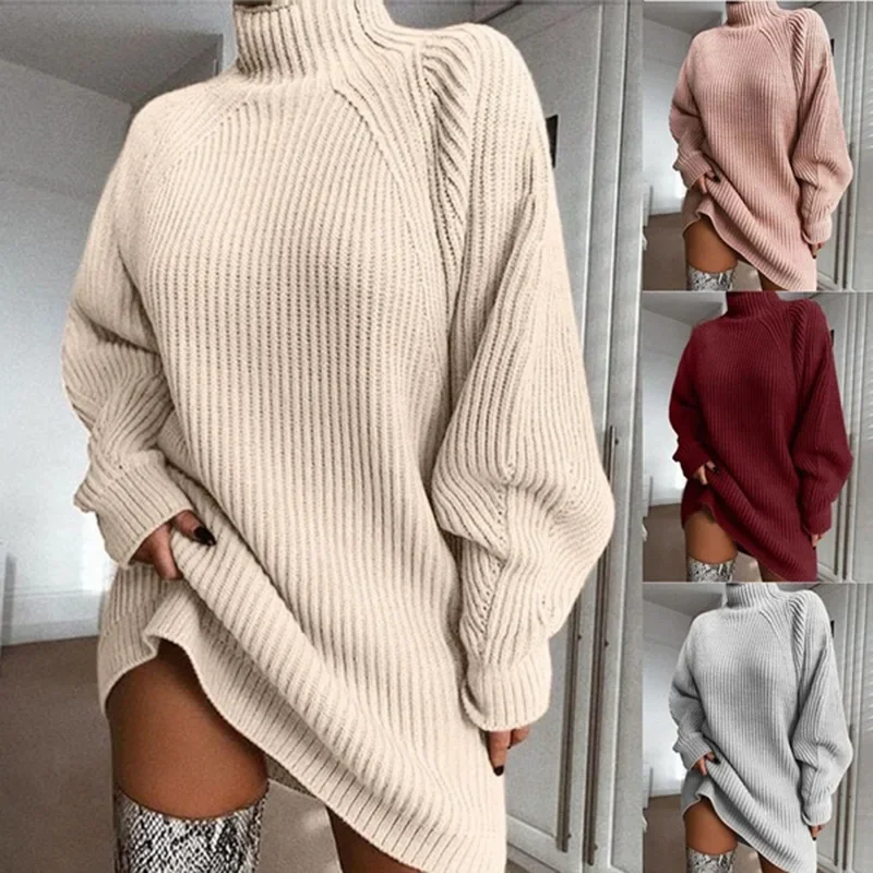 

Fashion Women's Autumn Winter High Neck Knitted Sweater Dress Female Casual Solid Loose Long Sleeve Warm Mid Length Dresses