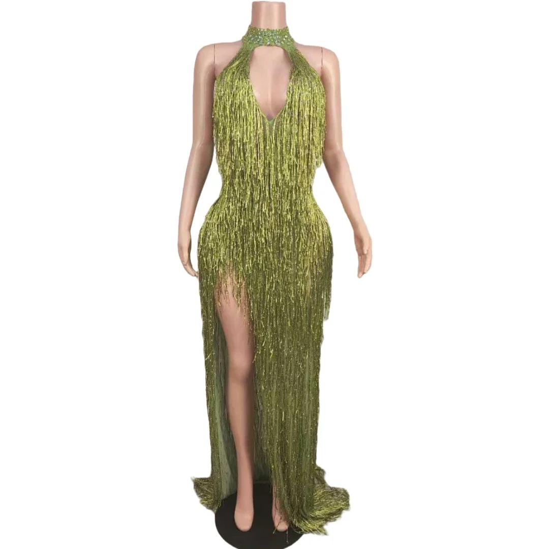 

Sparkly Drag Queen Outfit Rhinestone Women Birthday Party Fancy Sleeveless Fringe Dress Stage Performance Glamorous Costume