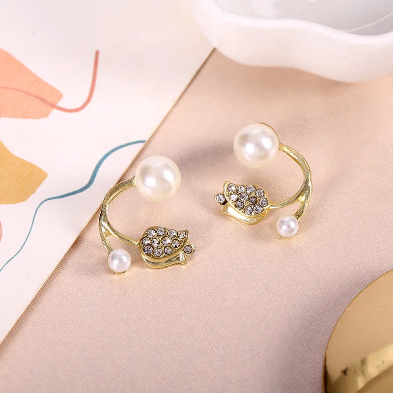 New Imitation Pearl Crystal Tulip Curved Back Hang Post Stud Earrings Women Two in One Geometric Metal Brincos Jewelry Girl Gift