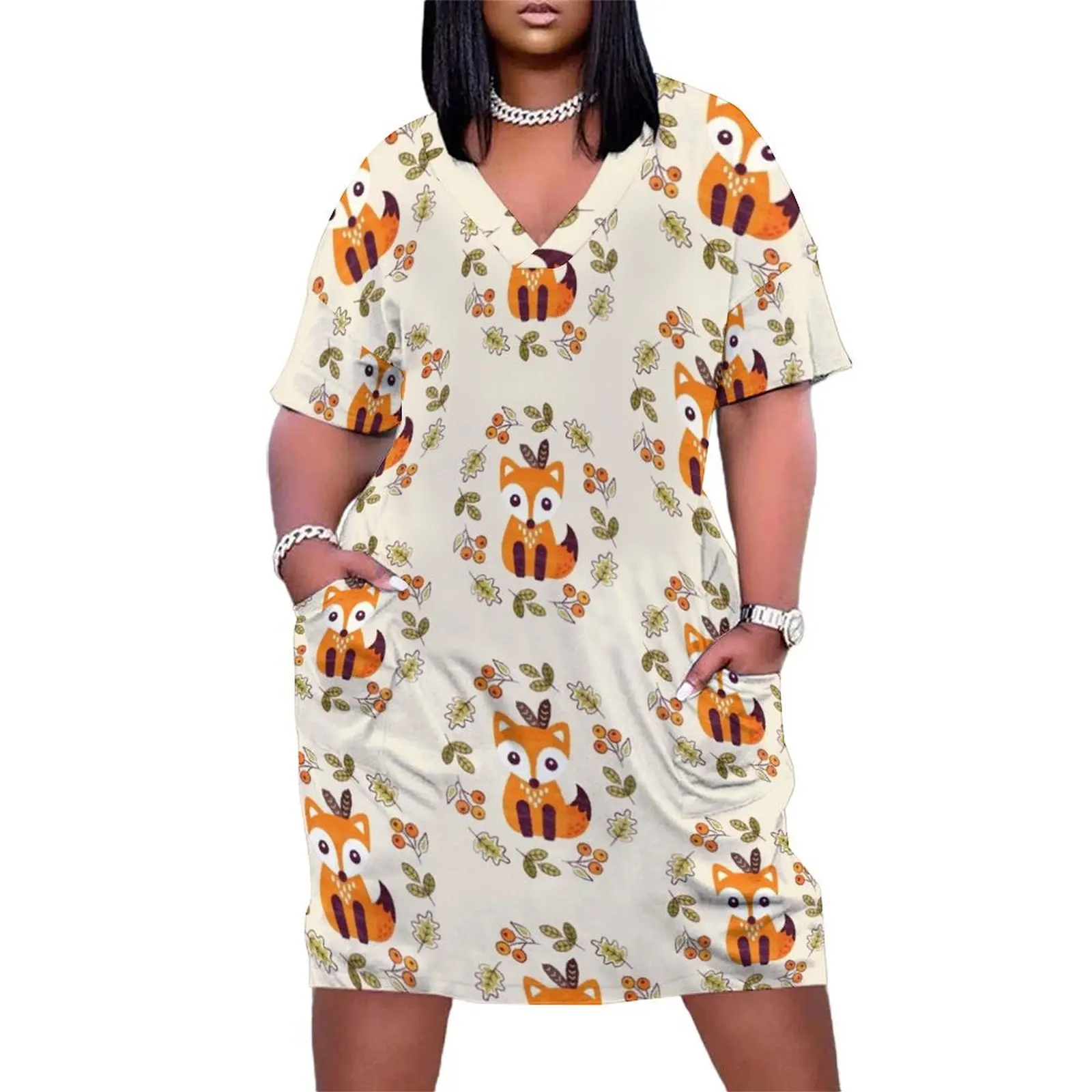 Little Fox with Autumn Berries Loose Pocket Dress summer women