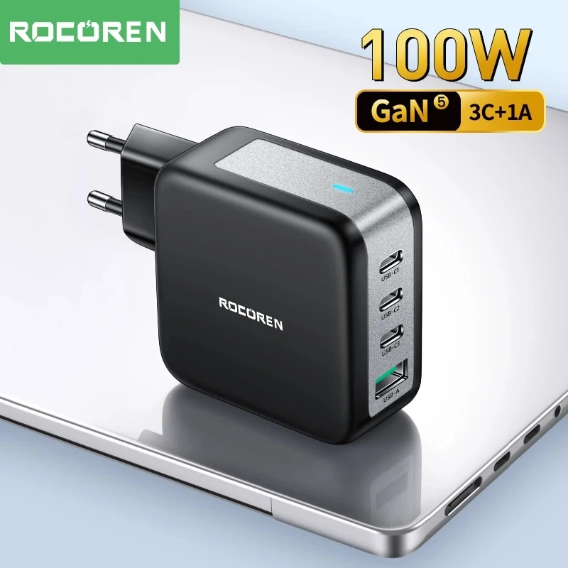 

Rocoren 100W GaN Charger PD QC 4.0 3.0 USB Fast Charger Type C Quick Charging USB C Phone Charger for iPhone 15 Pro Max Macbook