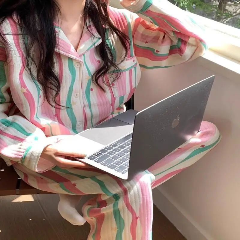 여성용 파자마 세트, 따뜻한 겨울 파자마, 패셔너블한 홈웨어, 귀엽고 부드러운 파자마 세트, 달콤한 무지개 색상