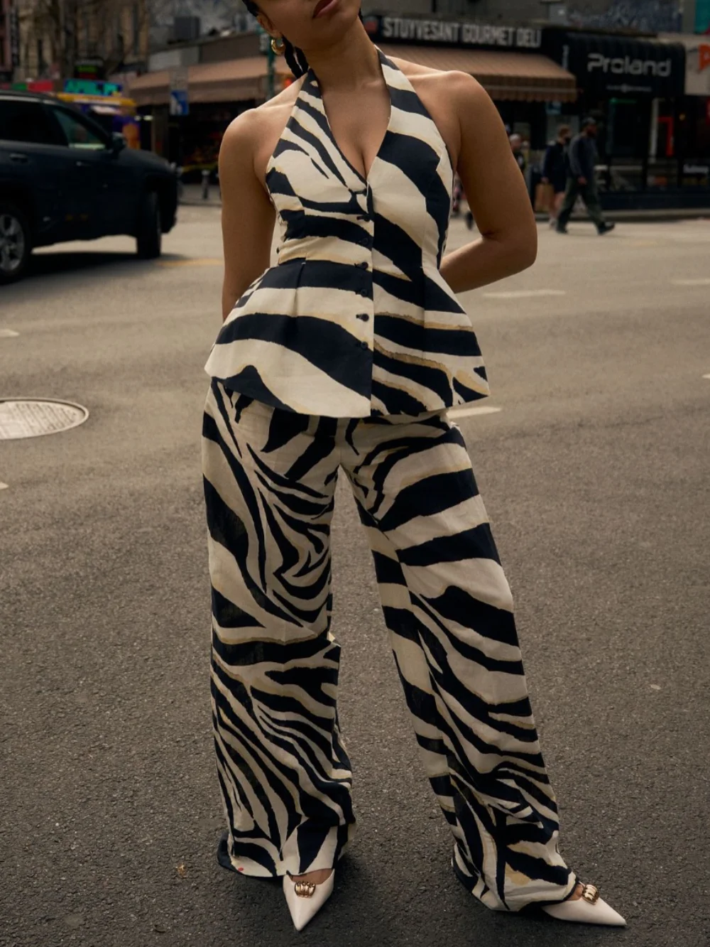 Elegante damesbroek pak knop decoratie sexy mouwloze rugloze slim fit top dierenprint hoge taille rits losse broek