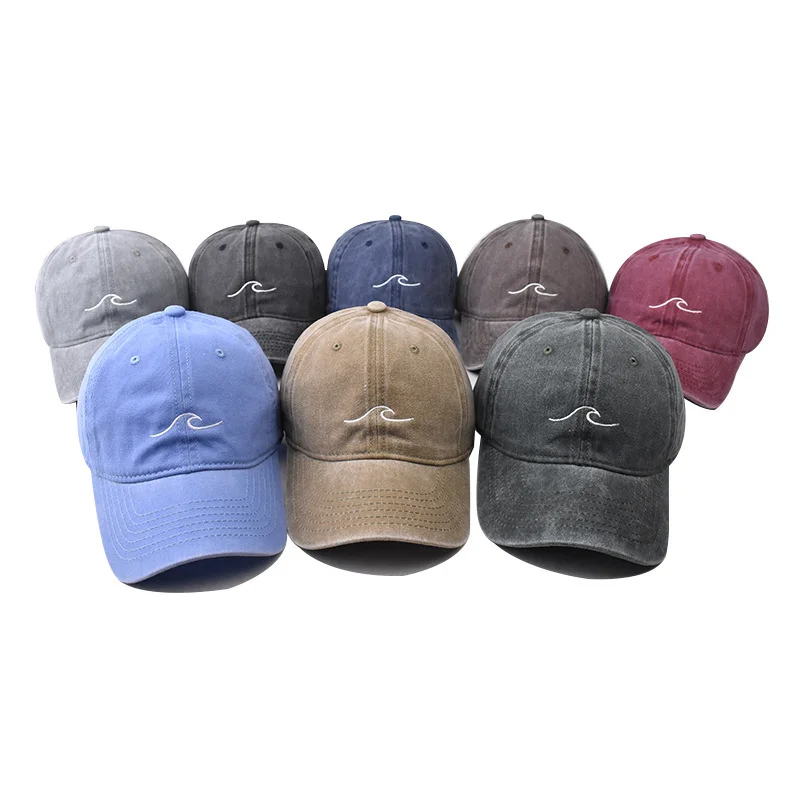 Wave Ripple Embroidery Baseball Cap Solid Color Washed Cotton Dad Hats Simple Vintage Hip Hop Hats For Women Men Snapback Caps