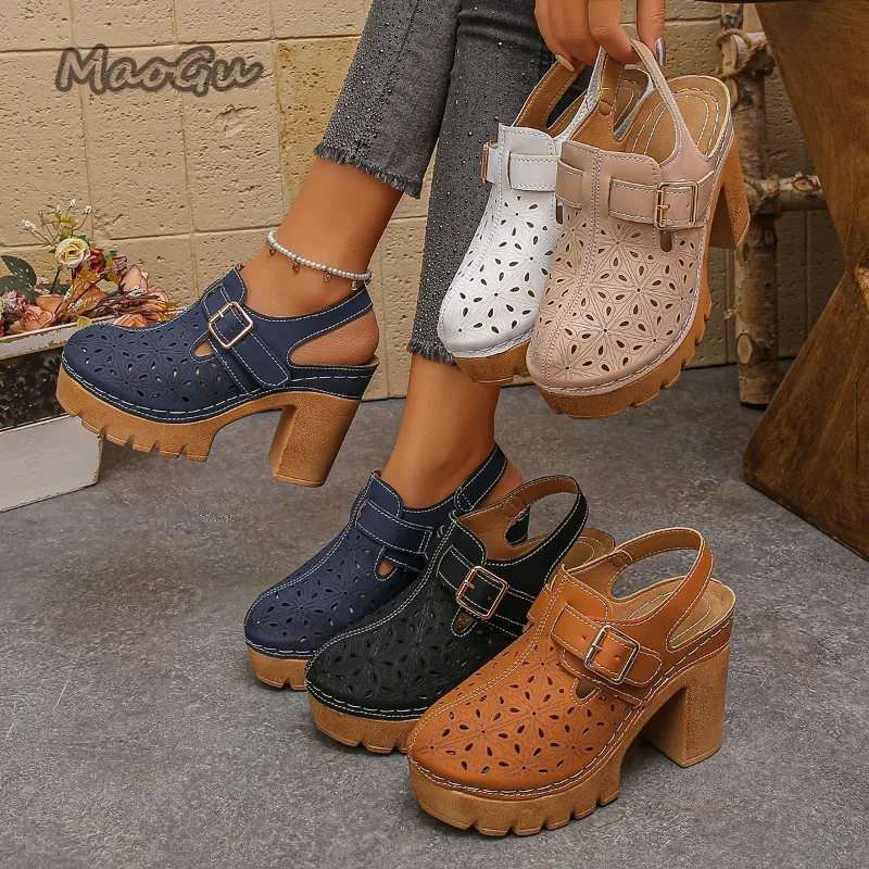 Sandales d'été pour femmes, style gladiateur, à lanières fines, découpées, à plateforme et talon carré, bout couvert, style vintage romain, chaussures élégantes