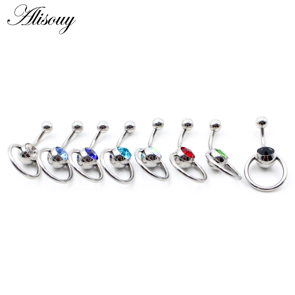 Alisouy 1pc Round Blue Crystal Ball Belly Piercing Ombligo Navel Piercing Belly Ring Stainlss Steel Button Rings Body Jewelry