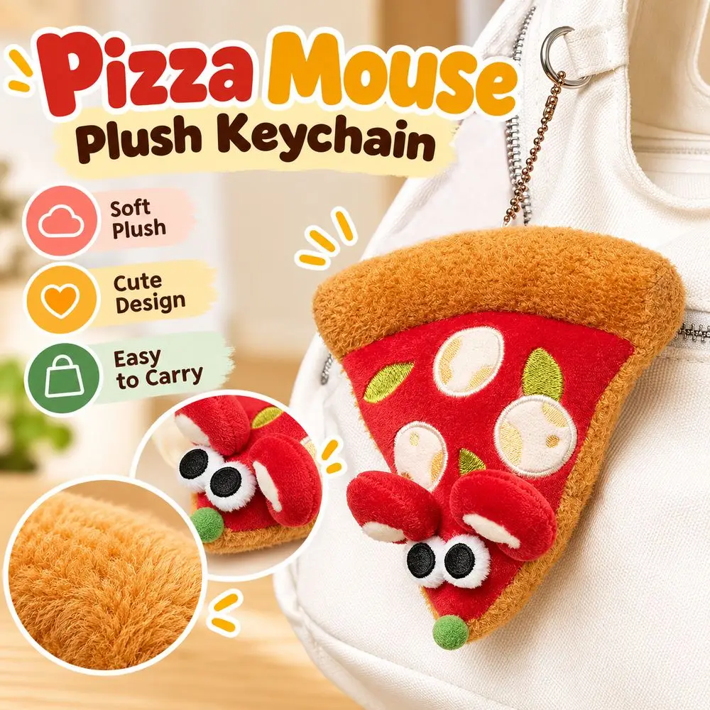 Soft Plush Pizza Mouse Plush Keychain Exquisite Embroidery Red Color Pizza Slice Plush Charm Cute Cartoon Mouse Pendant