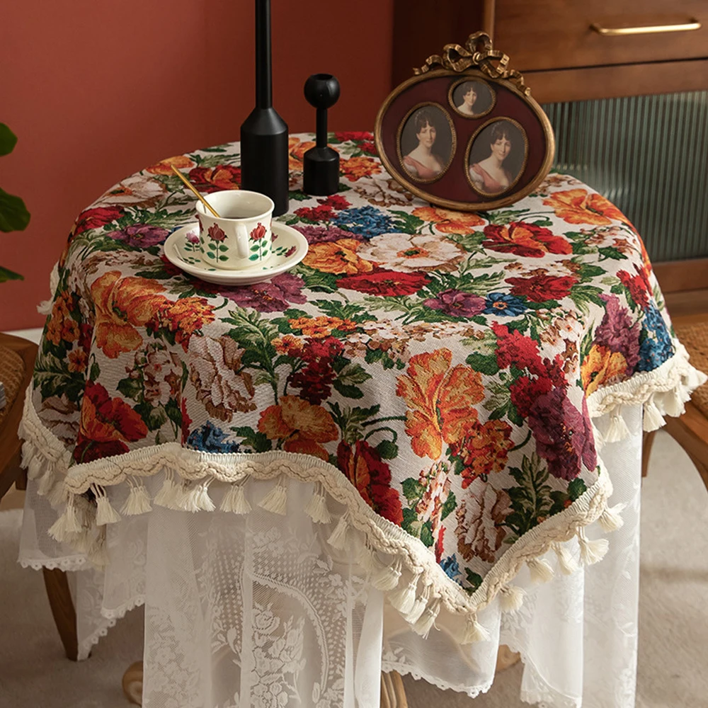 

American Vintage Round Table Tablecloth Tea Table Decoration Wrinkle-Free Flower Polyester-cotton Home Decor Wedding Decoration