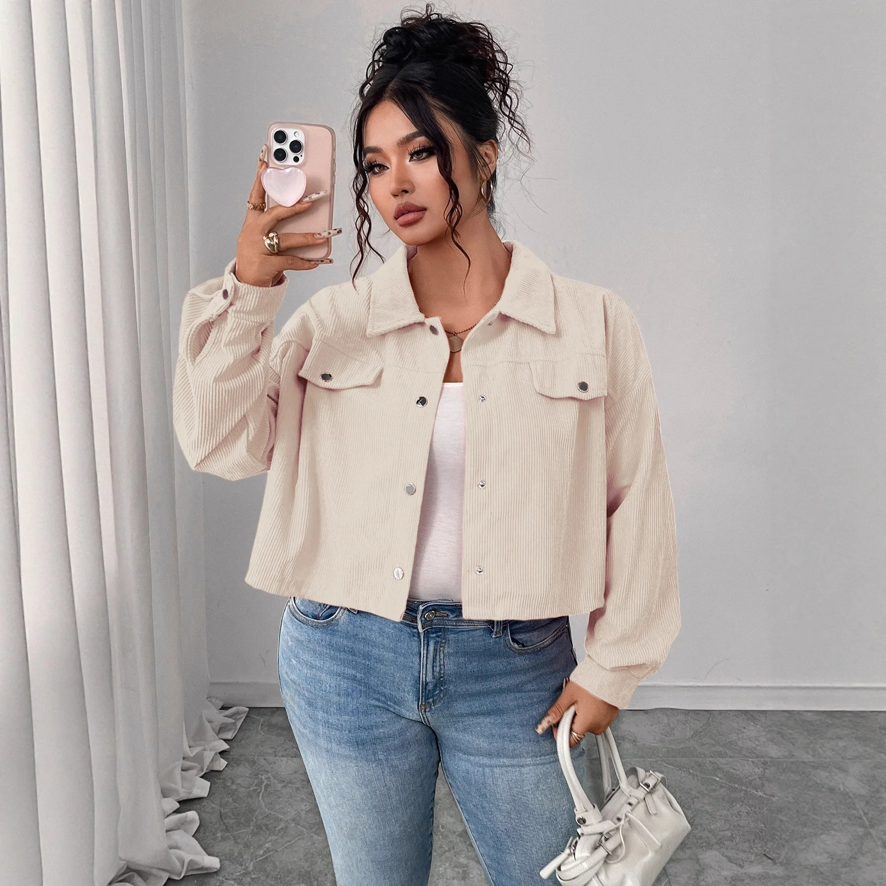 

Повседневная вельветовая куртка с рукавами-фонариками, однобортная, с коротким отложным воротником, стильное женское ретро-пальто из вельвета