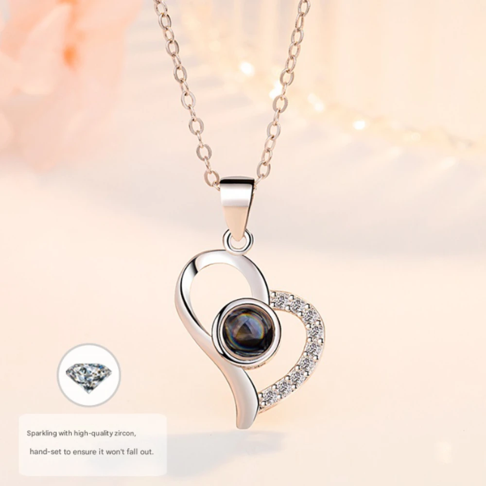 925 فضة موضة 100 لغة أحبك الإسقاط حجر الحب دلاية من حجر الزركون قلادة عيد ميلاد هدية للذكرى السنوية #4