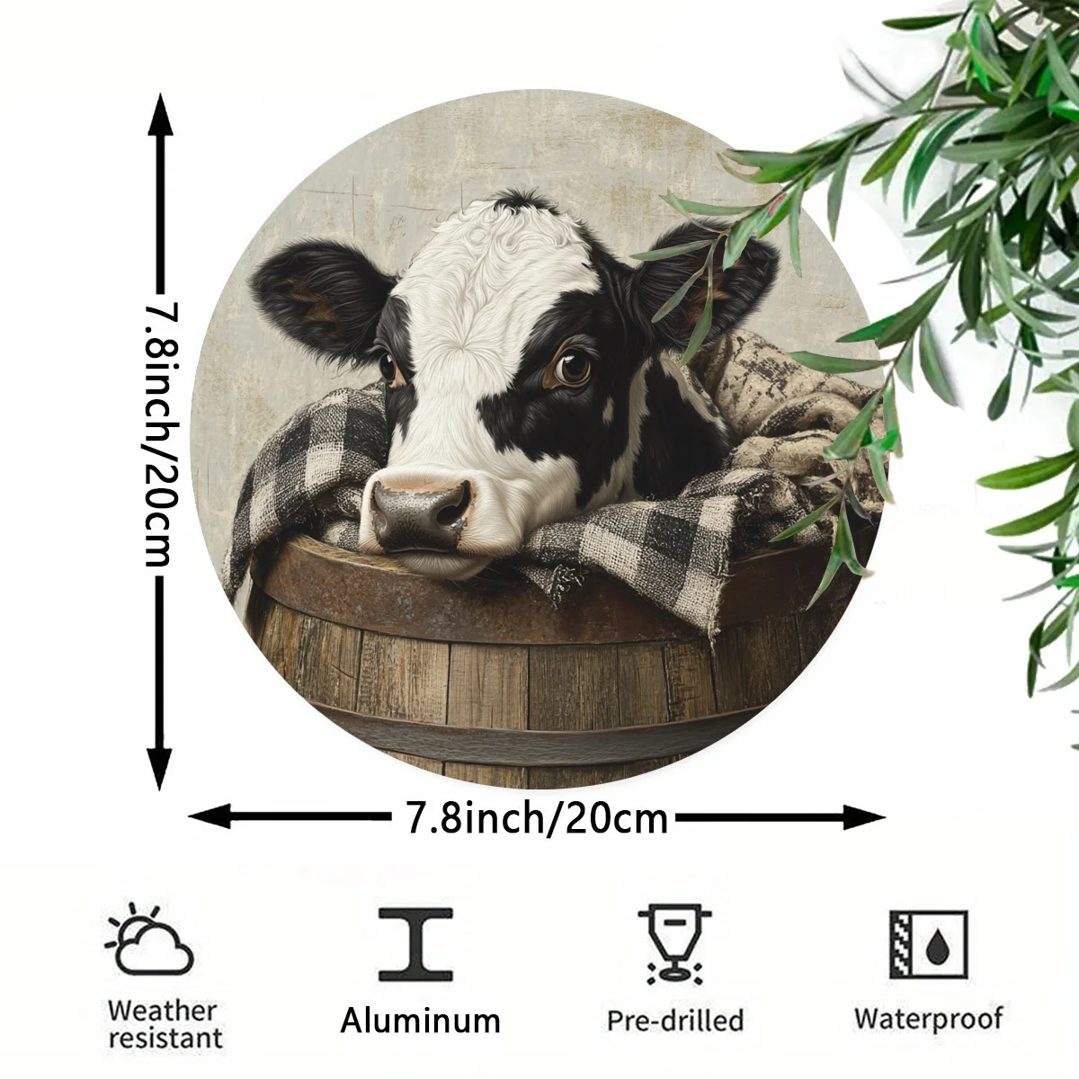 2D flat Round Metal Tin Sign Cute Cow Resting In Wooden Barrel Farmhouse Style Indoor Outdoor Wall Hanging Decor 7.87x7.87 Inch