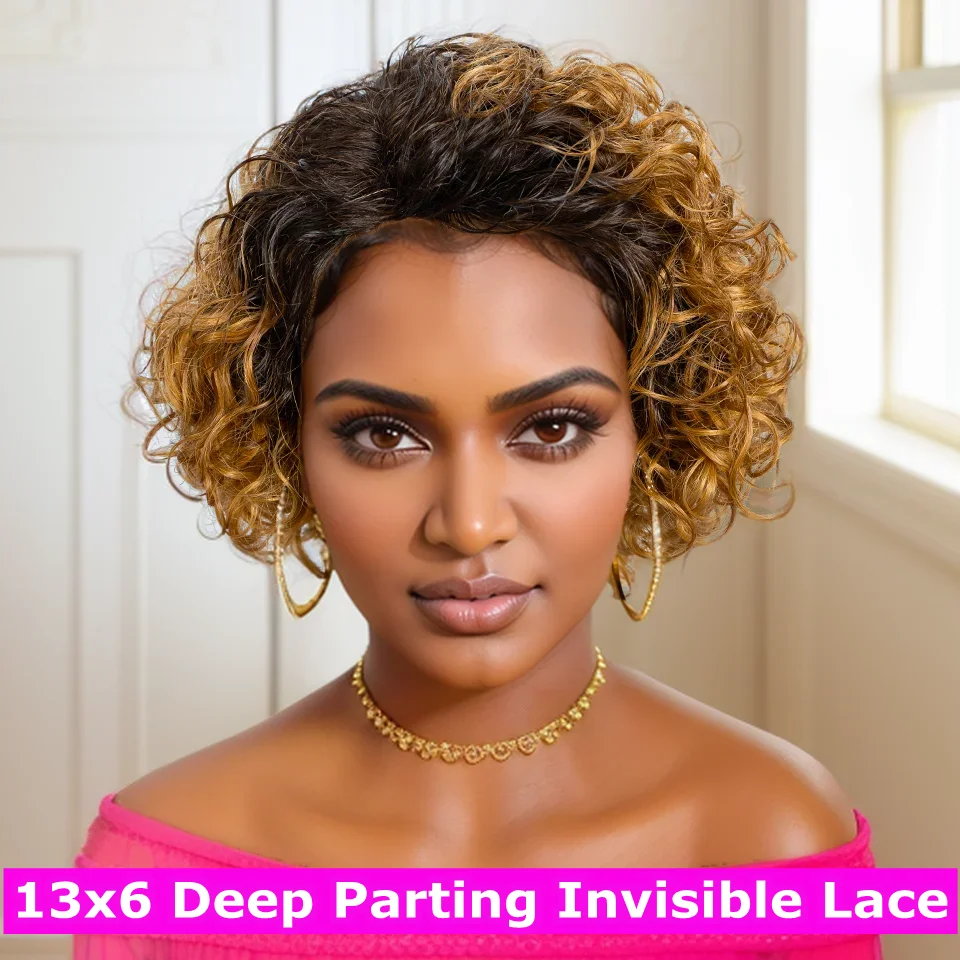 

Pixie Cut 13x6 Lace Frontal Human Hair Curly Bob Wig 13x4 Lace Front Wig For Women Ombre Color 1B/27 Pre Plucked Bleached Knots