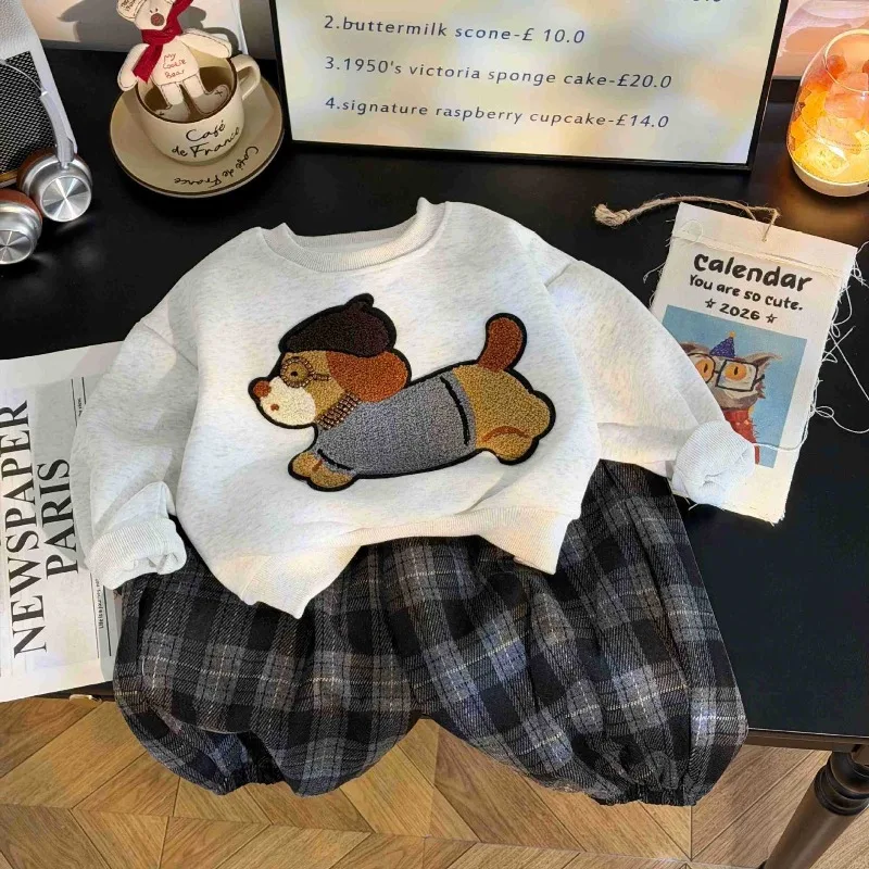 RAISE Herbst-Winter-Kinder-Jungen-2-teiliges-Kleidungsset mit Hundemotiv, Sweatshirt-Set für Jungen, lockere Hose mit Leoparden- und Karomuster, Baby-Jungen-Outfit – Detail 3