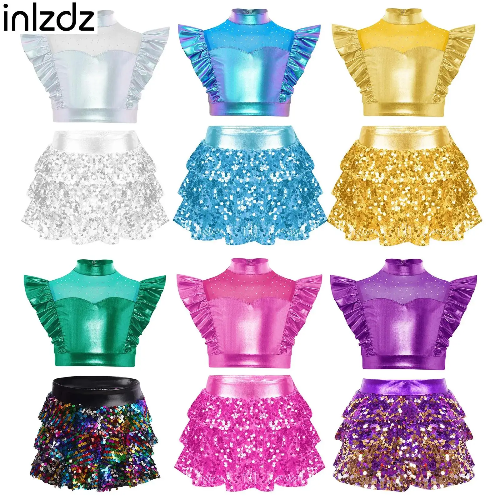 

Girls 2Pcs Jazz Hip-Hop Dance Outfit Rhinestone Metallic Crop Top+Shiny Sequins Culottes Set for Cheerleading Dance Performance