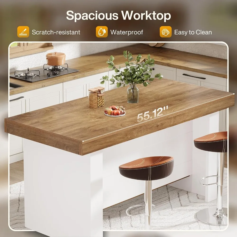 55-Inch Kitchen Island with Storage, Farmhouse Center Island Table for Kitchen, Dining Room, Living Room, Brown, Customized
