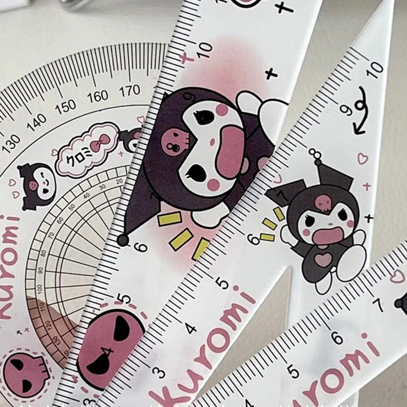 4Pcs/Set Sanrio Ruler Set Cartoon Kuromi Cinnamoroll Acrylic Ruler Set Triangle Straight Edge Round Ruler Student Stationery