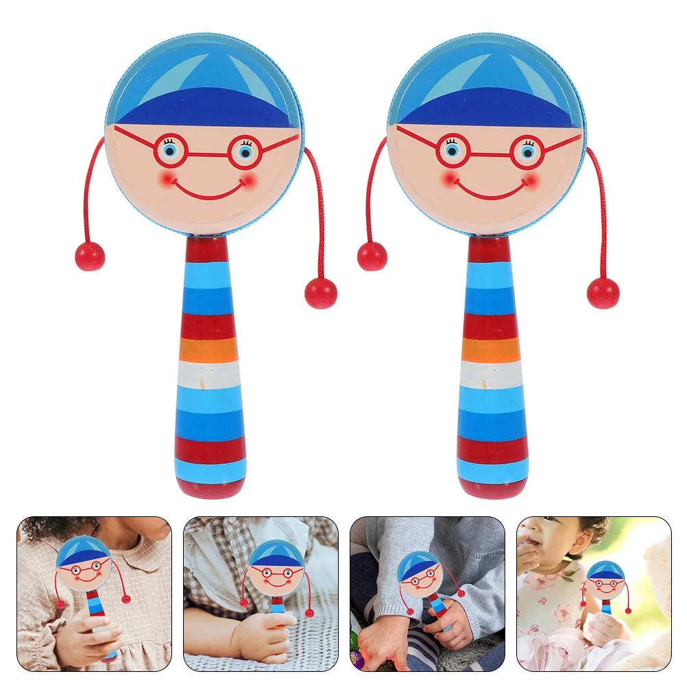 2 ชิ้นเด็กไม้ H มือถือดนตรีการ์ตูนออกแบบเขย่าพื้นผิวเรียบสีฟ้าสี held Sensory การฝึกอบรม