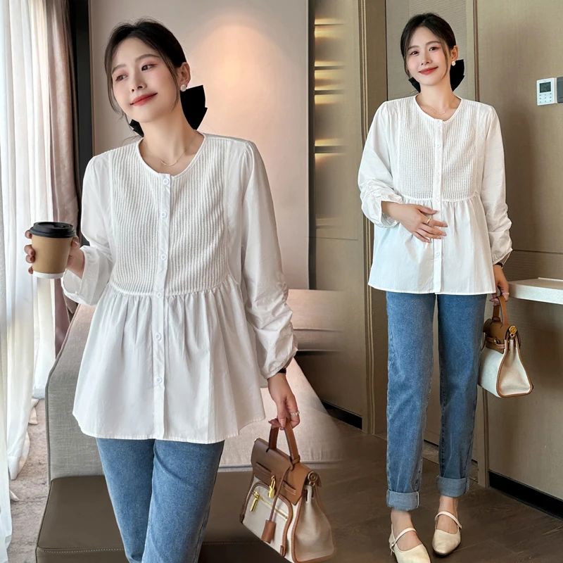 204# Autumn Korean Fashion Maternity Blouses Sweet Elegant Loose Tunic Clothes For Pregnant Women Casual Pregnancy Shirt Tops