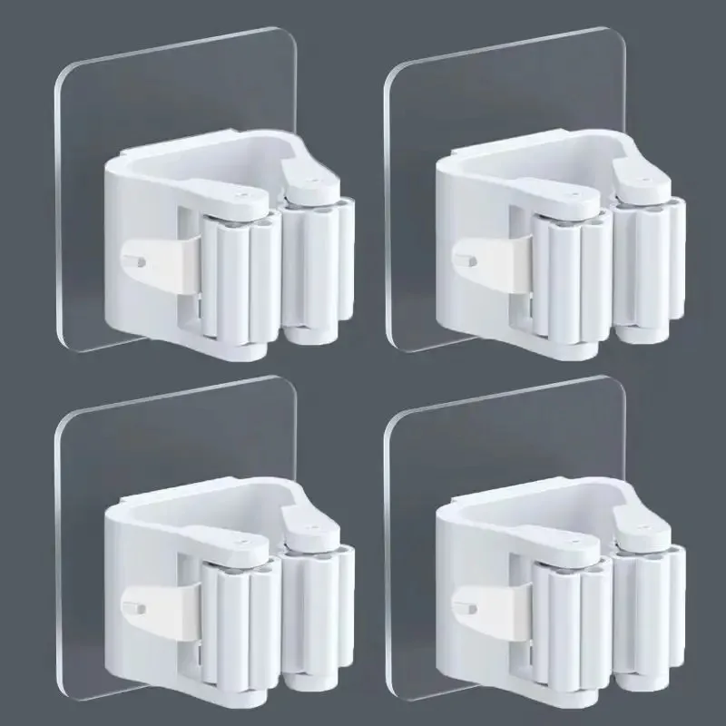 4pcsMop Holder Storage Rack Bathroom Suction Hanging Pipe Traceless Mop Clip Broom Hanger Wall-Mounted Waterproof Mop Rack White