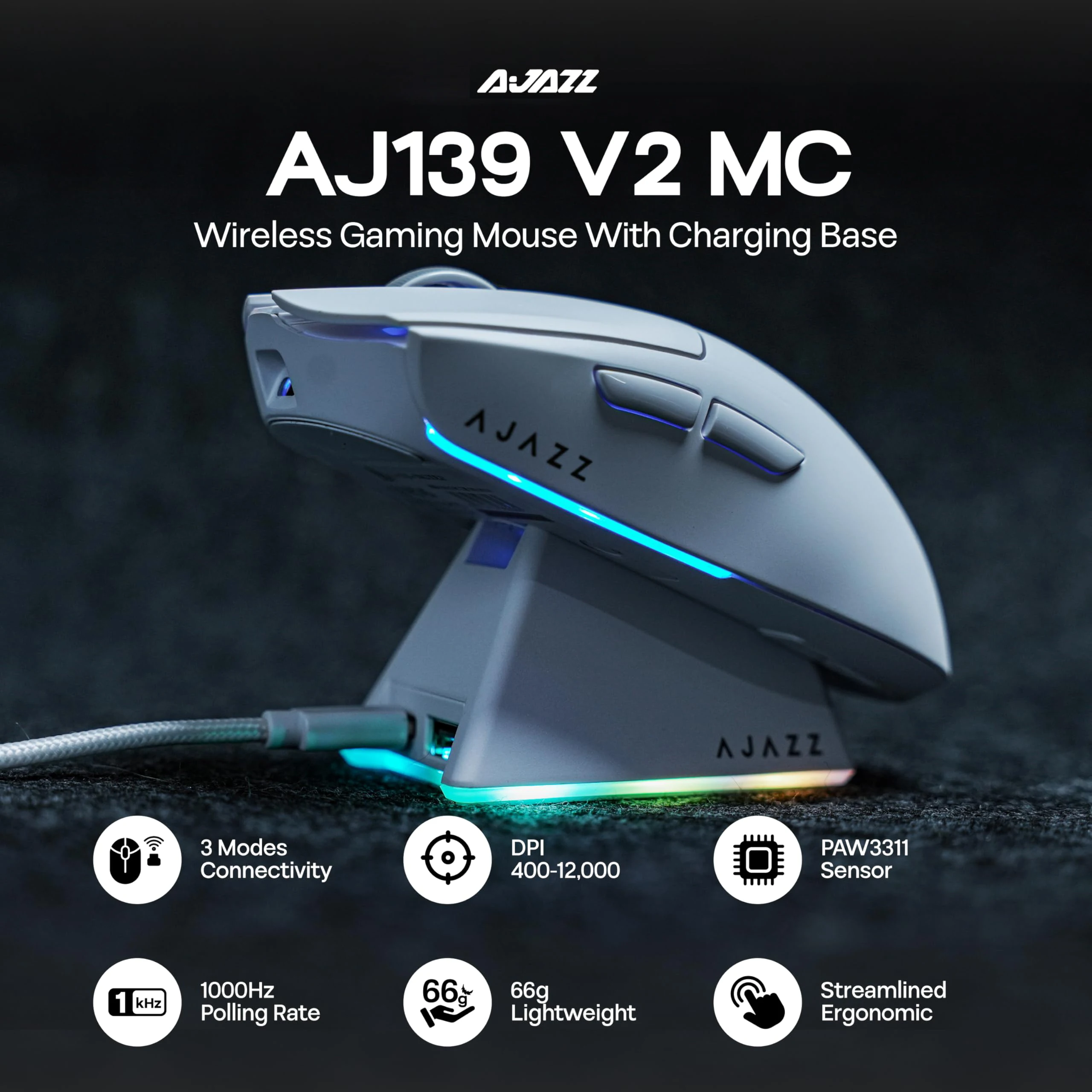

Игровая мышь AJAZZ AJ139 V2 MC с зарядной базой, датчик PAW3311, 3 режима, беспроводная мышь, аккумулятор 500 мАч, 66 г, легкий вес