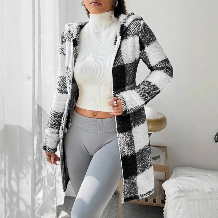 

Womens Coats Winter Manteau Winter Warm Plush Pocket Coat Womens Plaid Print Hooded Long Zip Cardigan Sobretudo Feminino Inverno