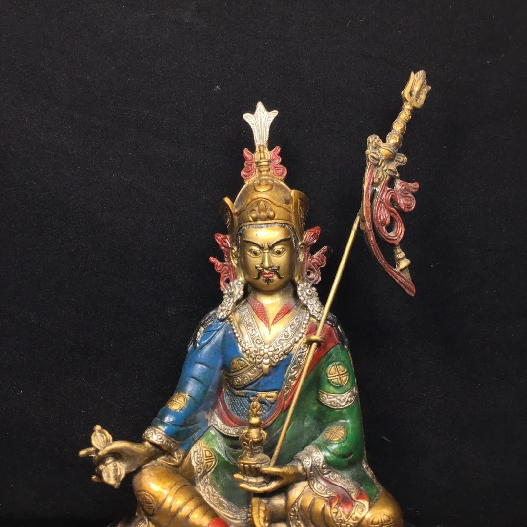 Ancient China Refined Pure Copper Painted Guru Rinpoche Padmasambhava Buddha Statue