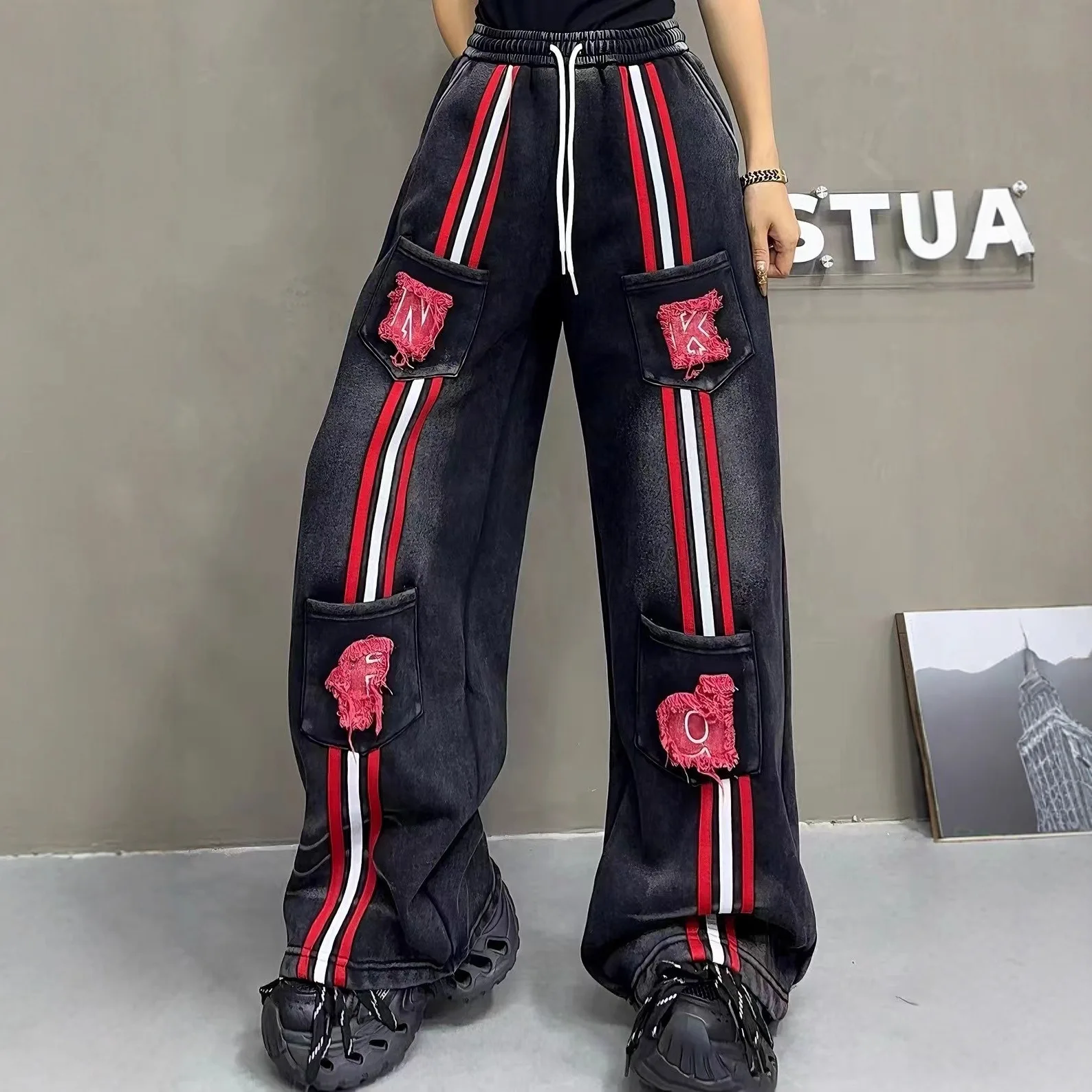 European Style Fleece-Lined Casual Pants for Women 2025 Autumn Winter New Striped Patch Letter Washed Cotton Loose Long Pants