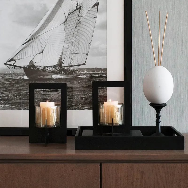 Indian craftsmanship modern simple black wrought iron candlestick, model room candlestick cup decorative ornament