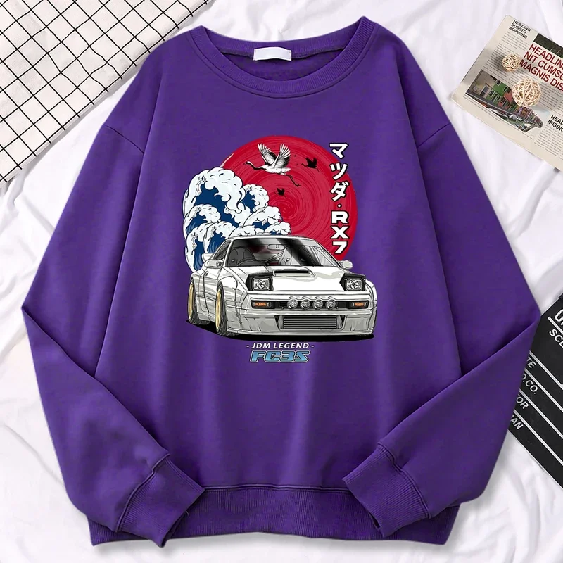 Simple Street Woman Pullovers Japanese Car Waves Crane Red Sun Print Hoody Loose Soft Sweatshirt Fleece Drop Sleeves Clothes