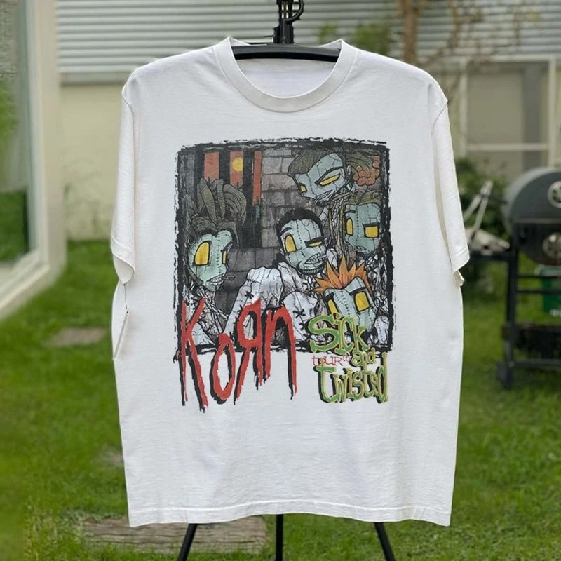 

KORN Cohen Band American High Street Short Sleeve T-Shirt Vintage Loose Trend Brand White Cotton Men Summer Half Sleeve Hip Hop