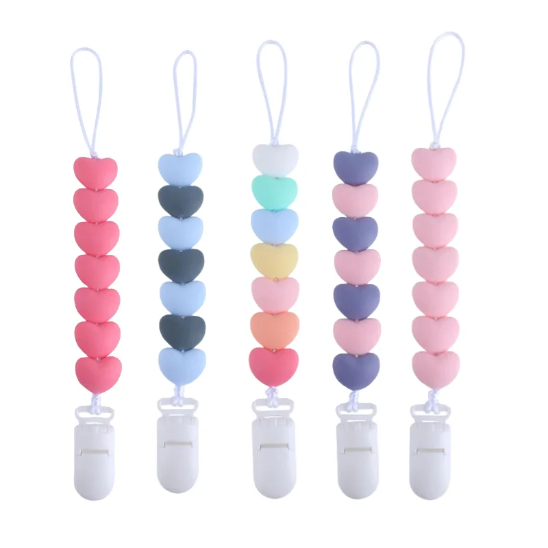 Silicone Heart Shape Beads Dummy Pacifier Chain Nursing Teething Gift for Newborn Baby Boy Girl Nipple Clips