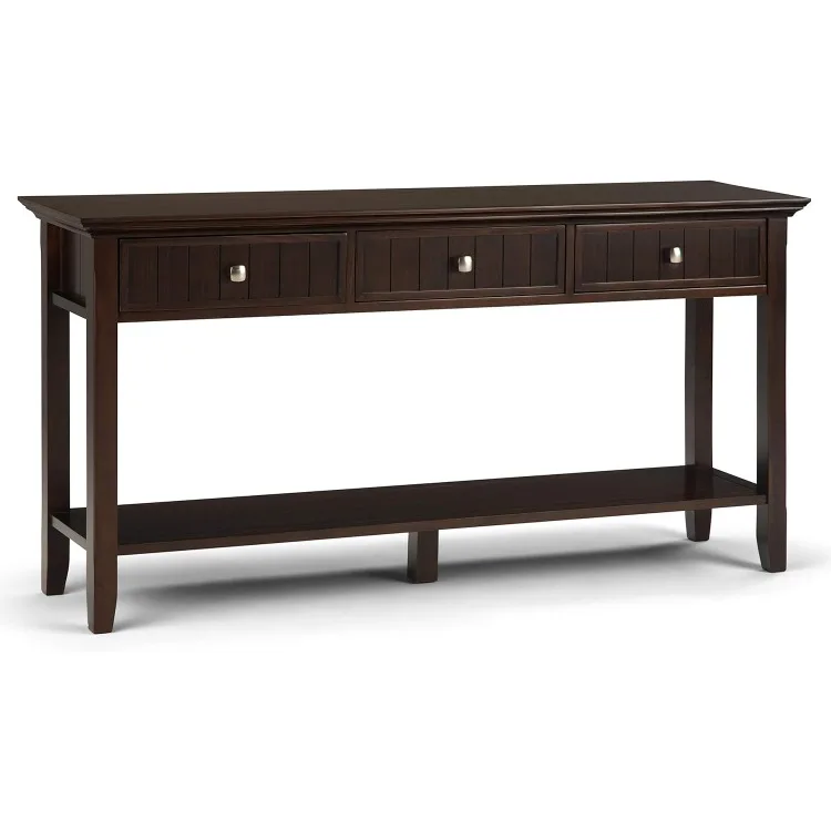 Acadian SOLID WOOD 60 inch Wide Transitional Modern Wide Console Sofa Entryway Table in Brunette Brown with Storage