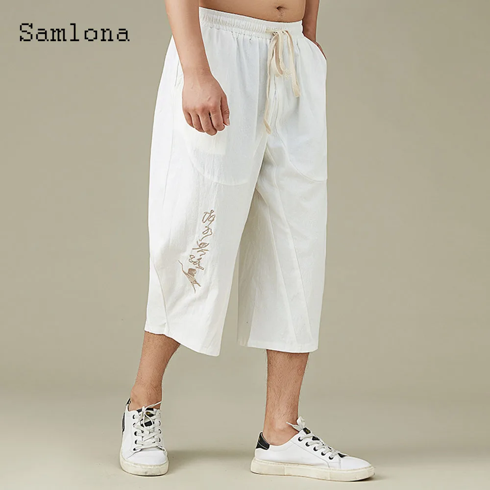 

Japanese 2024 Men Casual Straight Linen Trousers Solid White Khaki Calf-Length Pants Plus Size 8xl 9xl Mens Daily Beach Hotpants