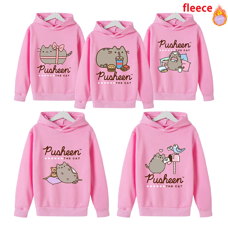 

Pusheens 2-13 Year Girl Children's Thicken Hoodie Sweatshirt Pullover Long Sleeve Anime Cartoon Women Fleece Hooded Clothes Tops